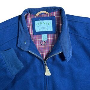 Orvis Wool Jacket Mens Large Navy Blue Bomber Full Zip Plaid Lined Pockets